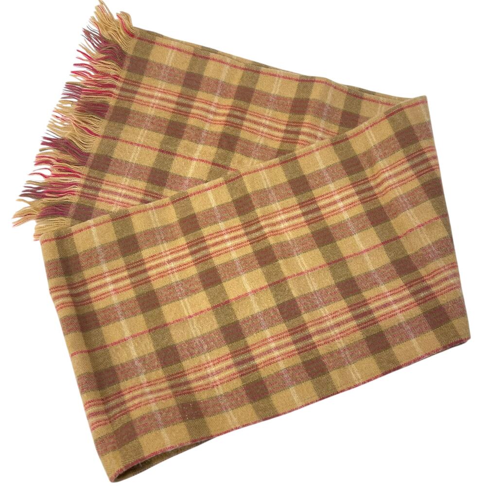 Vintage Brown Plaid Fringe Scarf Acrylic Made in Hong Kong 56” Classic Unisex